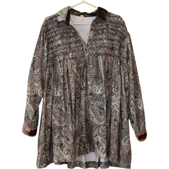 Free People Lucille Corduroy Mini Dress XS Cocoa Combo Babydoll Silhouette 229 - Picture 7 of 12